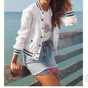 VENUS Womens USA Matte Satin Bomber, White/Navy, size Large, New in bag